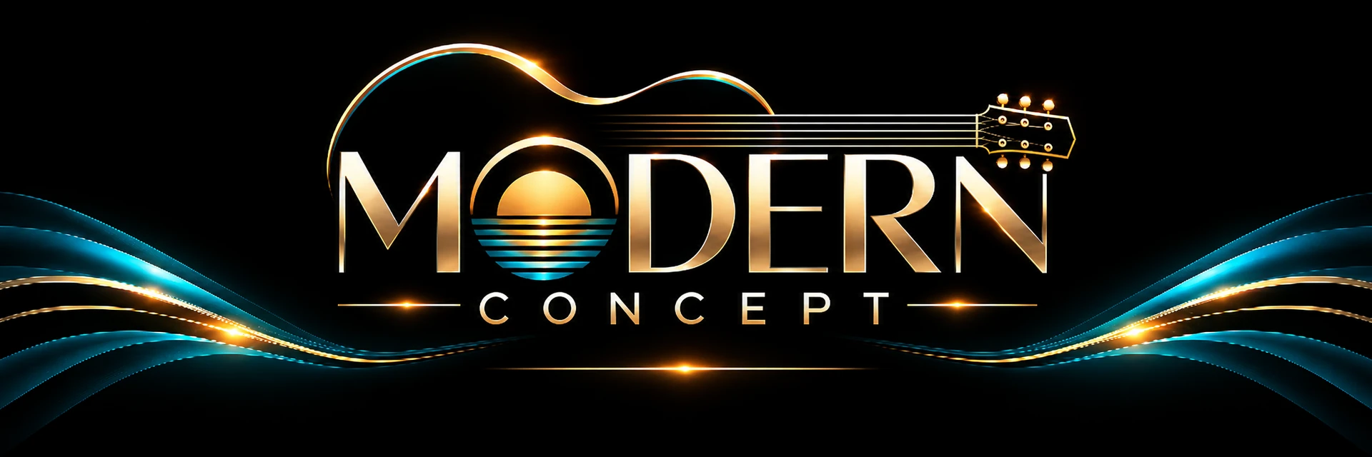 Modern Concept logo with a glowing six-string guitar outline, golden sunset over teal ocean, and flowing gold and teal waves